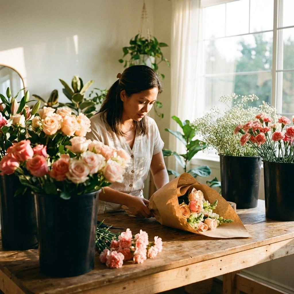 Florist carefully arranging a bouquet