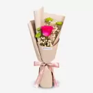 Pink rose bouquet with green chrysanthemums, baby's breath, and pink ribbon bow
