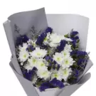 Purple and white chrysanthemums with baby's breath in elegant wrapped bouquet
