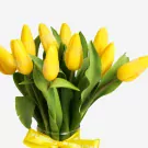 Yellow tulips bouquet with green stems tied with yellow ribbon, 10 stems