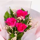 Three vibrant pink roses with baby's breath and green foliage in pink tissue wrapping