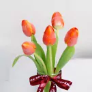 Five red-orange tulips with green stems tied with burgundy ribbon bow
