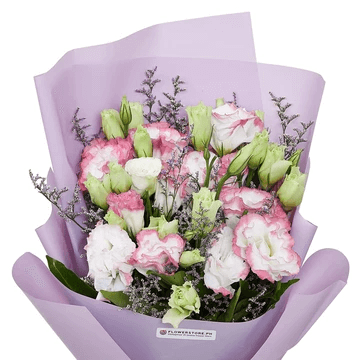Purple Love bouquet with pink and white carnations, green chrysanthemums, lavender accents