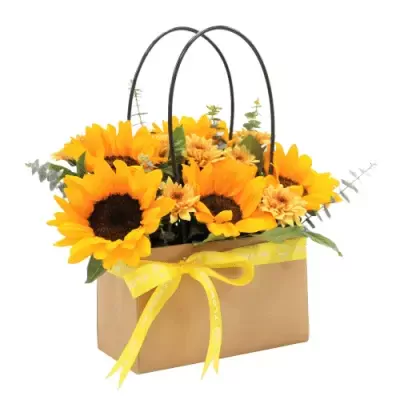 Sunflower arrangement in tan basket with yellow ribbon and arched handles