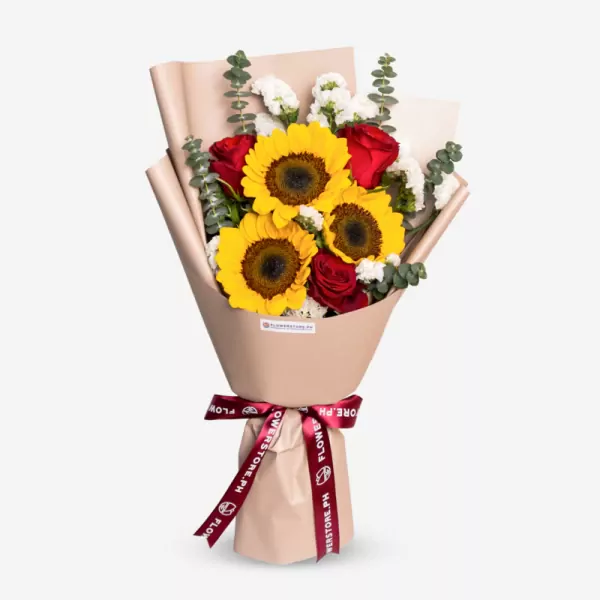 Sunflowers with red roses, white flowers, and eucalyptus in beige wrapping with burgundy ribbon