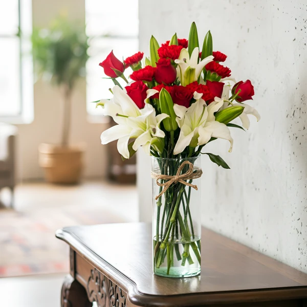 Red roses and white lilies arranged in a clear glass vase with twine