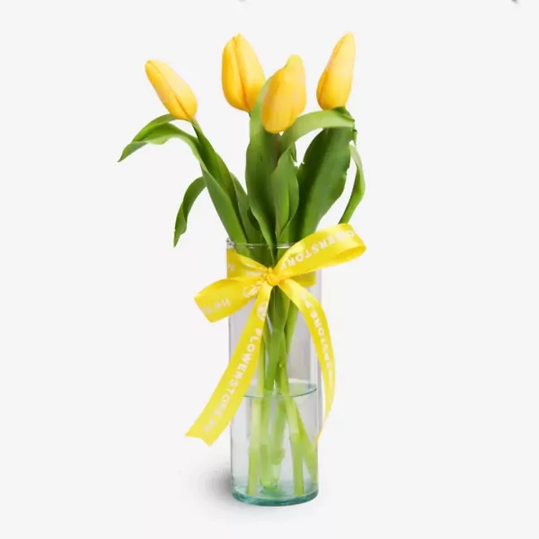 Five yellow tulips with green stems in a clear glass vase with yellow ribbon