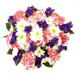 Vibrant mixed bouquet featuring purple flowers, pink carnations, and white daisies in circular arrangement