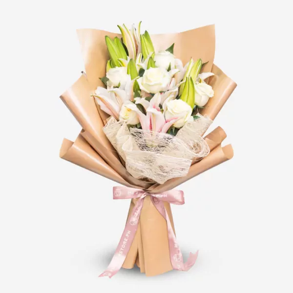 Elegant bouquet with white roses, pink lilies, and green buds in kraft paper wrapping