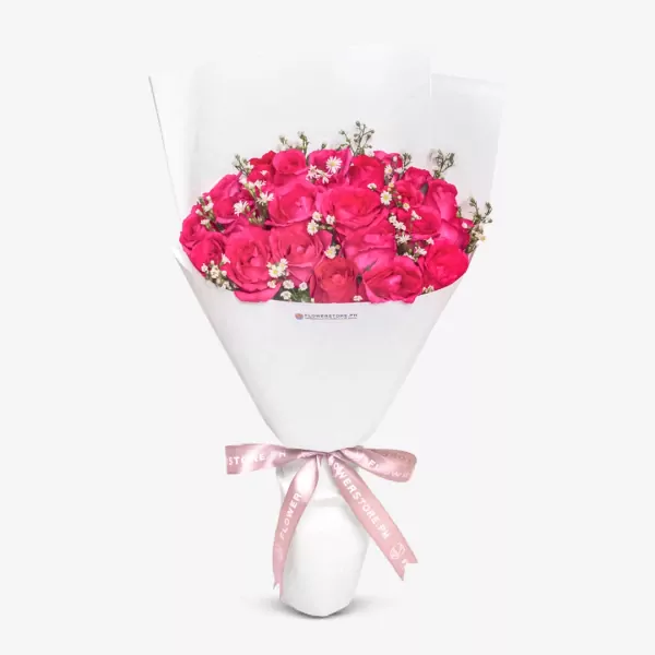 Pink roses bouquet with white baby's breath in white wrapping and pink ribbon