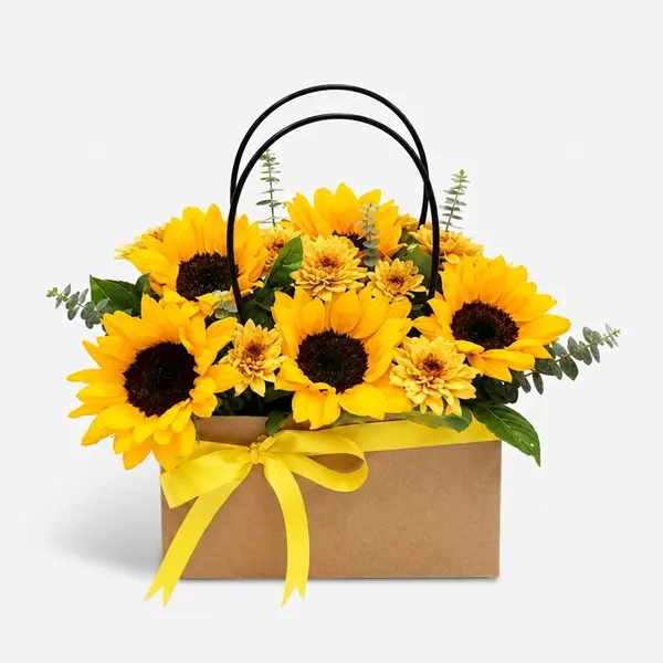 Sunflower arrangement in tan basket with yellow ribbon and arched handles