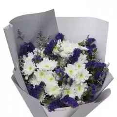 Purple and white chrysanthemums with baby's breath in elegant wrapped bouquet