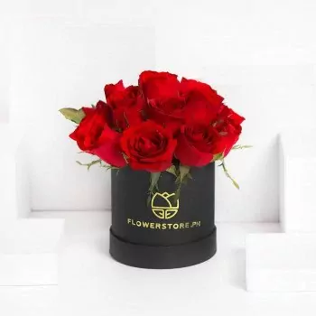 Red roses in black cylindrical vase with gold branding, elegant floral arrangement