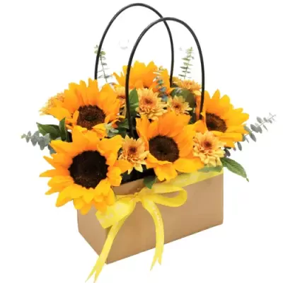 Sunflower arrangement in tan box with yellow ribbon and arched handles