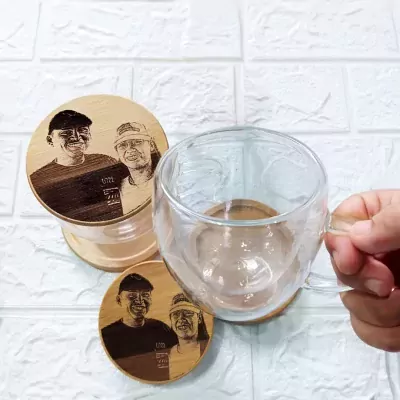 Personalized Double Wall Glass Mug with Bamboo Lid - Text Engrave