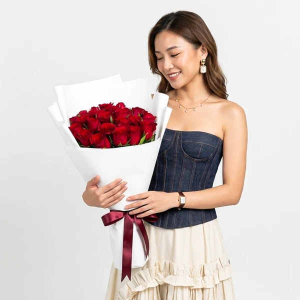 Woman holding bouquet of 24 red roses wrapped in white paper with green foliage
