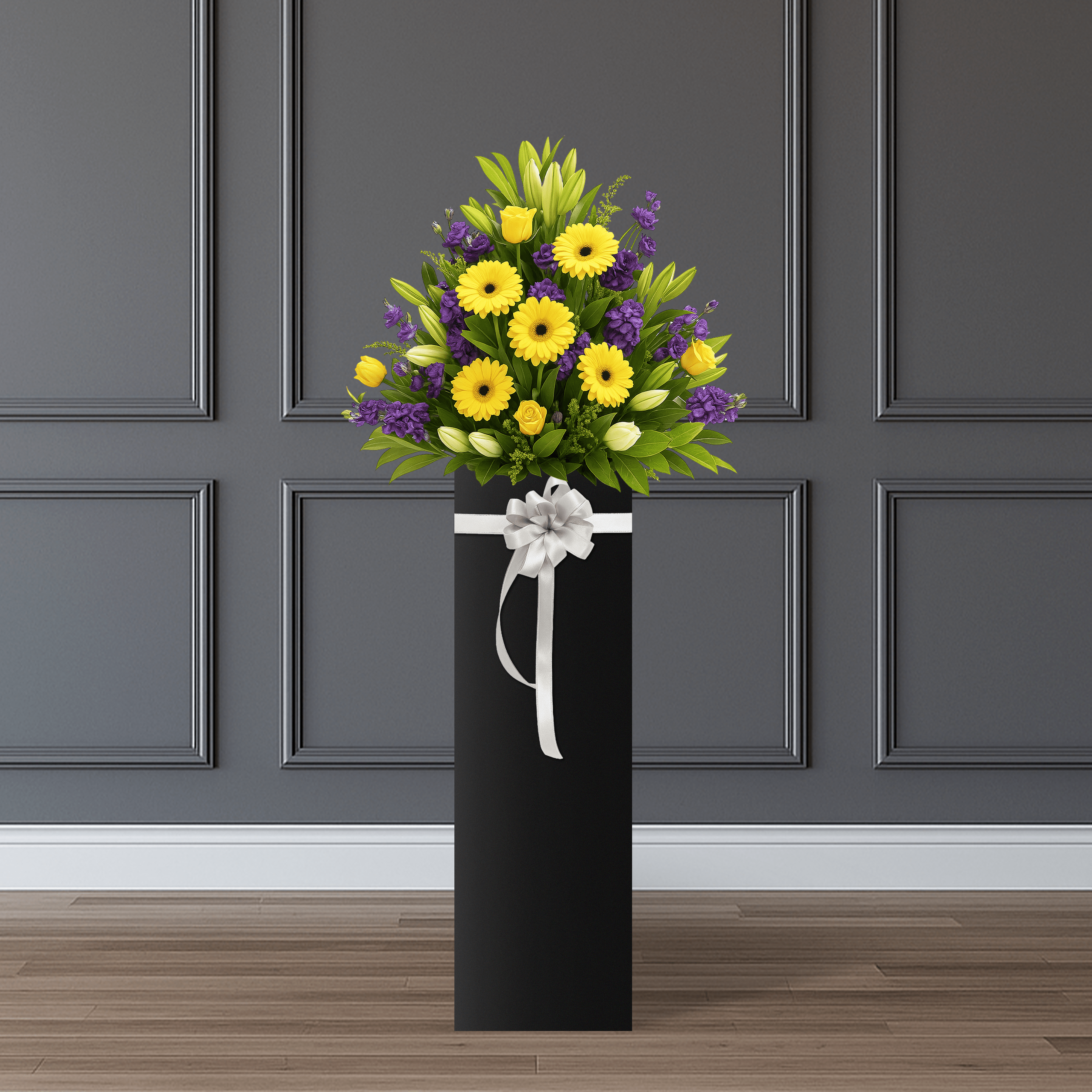 Golden Days consists of 5 white lilies, 5 yellow gerberas, 4 yellow roses, violet matthiola, violet eustoma, aster, and rosal leaves.