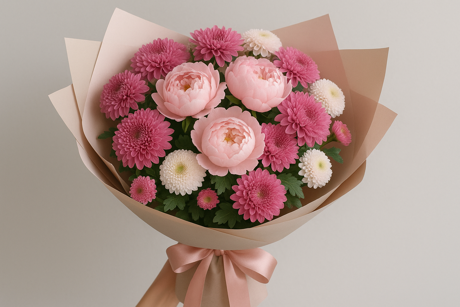 A stunning blend of peonies and chrysanthemums.