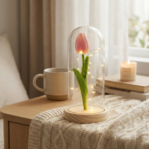 A single, delicate pink tulip is displayed inside a tall glass cloche resting on a light-wood base. Soft fairy lights are artfully entwined around the flower's stem and petals, casting a warm, gentle glow throughout the scene. The arrangement is placed in a cozy setting on a cream-colored knit blanket, with a ceramic mug and a lit candle in the soft-focus background.