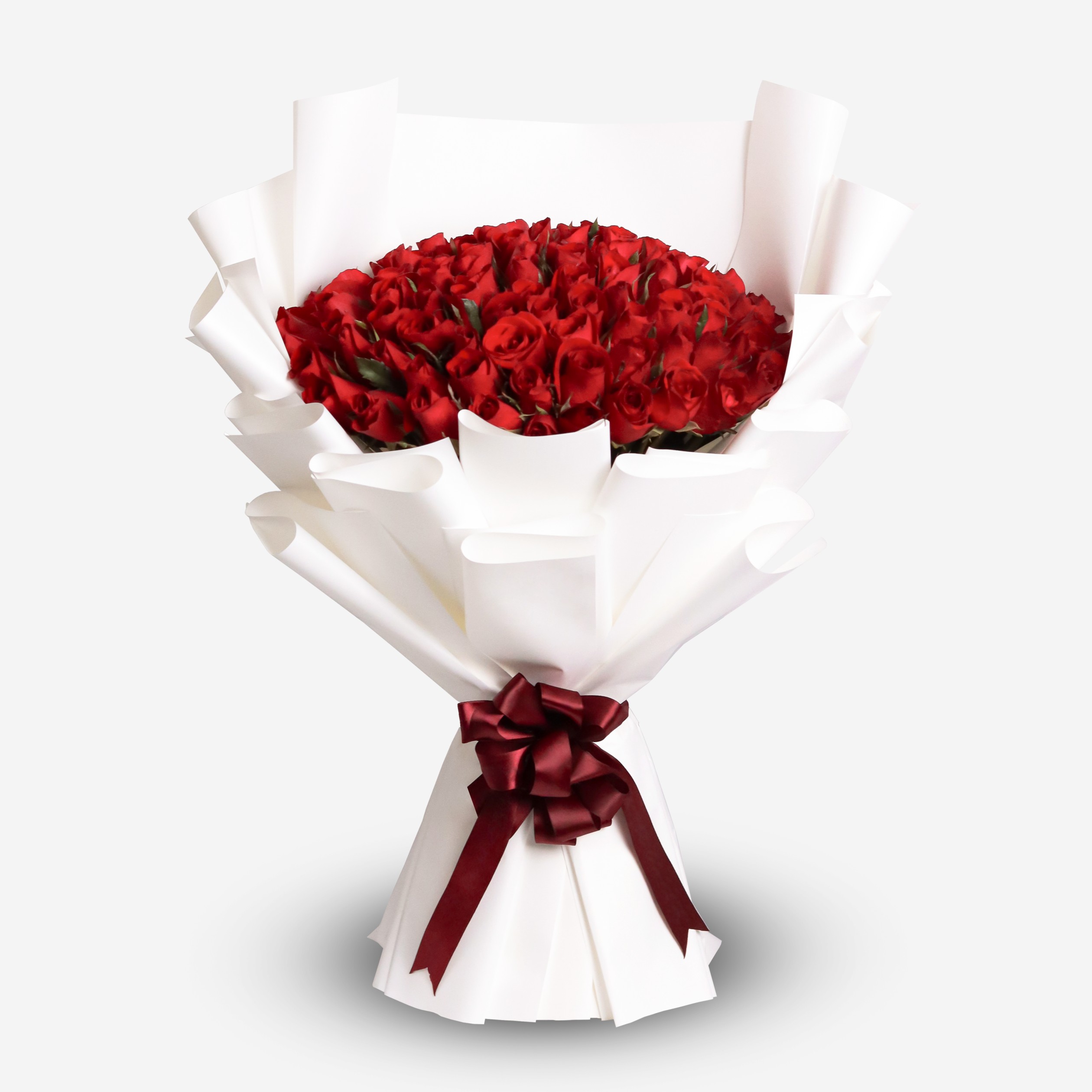 A grand bouquet of 99 romantic red roses.
