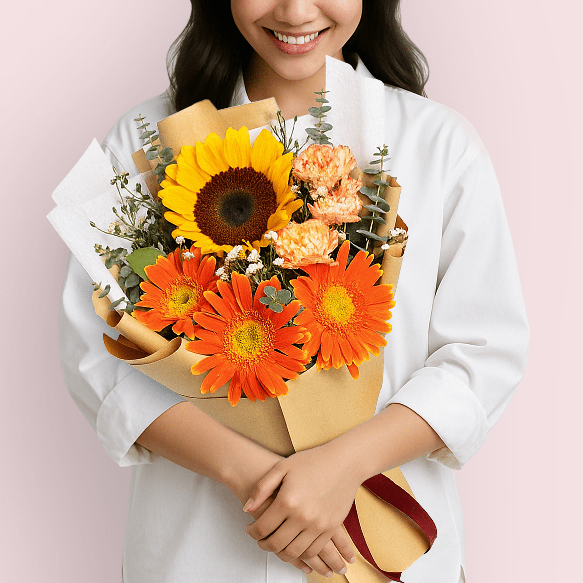 Oh, Honey consists of fresh 3 orange gerberas, 3 two-toned orange carnations, 1 sunflower, and a touch of aster and eucalyptus leaves.