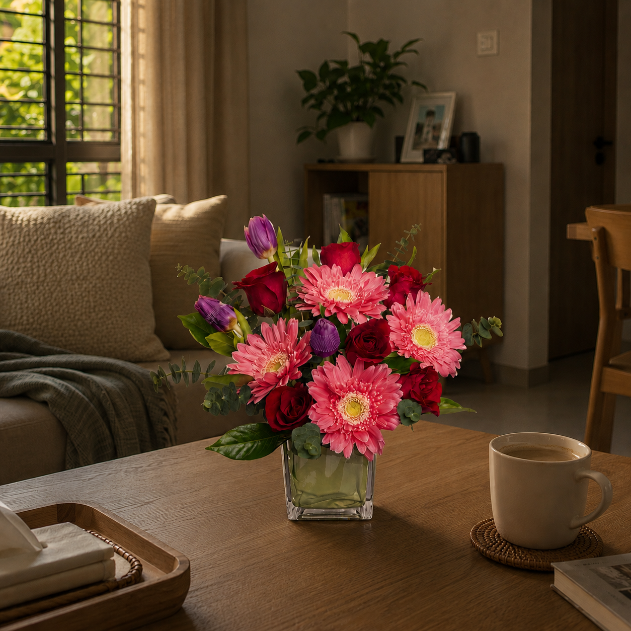 A vibrant floral arrangement featuring bright pink gerbera daisies, deep red roses, and purple tulips is set in a square glass vase filled with water at the center of a wooden coffee table. To the right of the flowers sits a ceramic mug filled with coffee on a round woven coaster, and to the left rests a wooden tray holding folded napkins. The background showcases a cozy, warmly lit living room setting, complete with a beige sofa adorned with throw pillows and a blanket, a wooden storage cabinet holding a potted plant and a picture frame, and sunlight filtering through a window to the left.