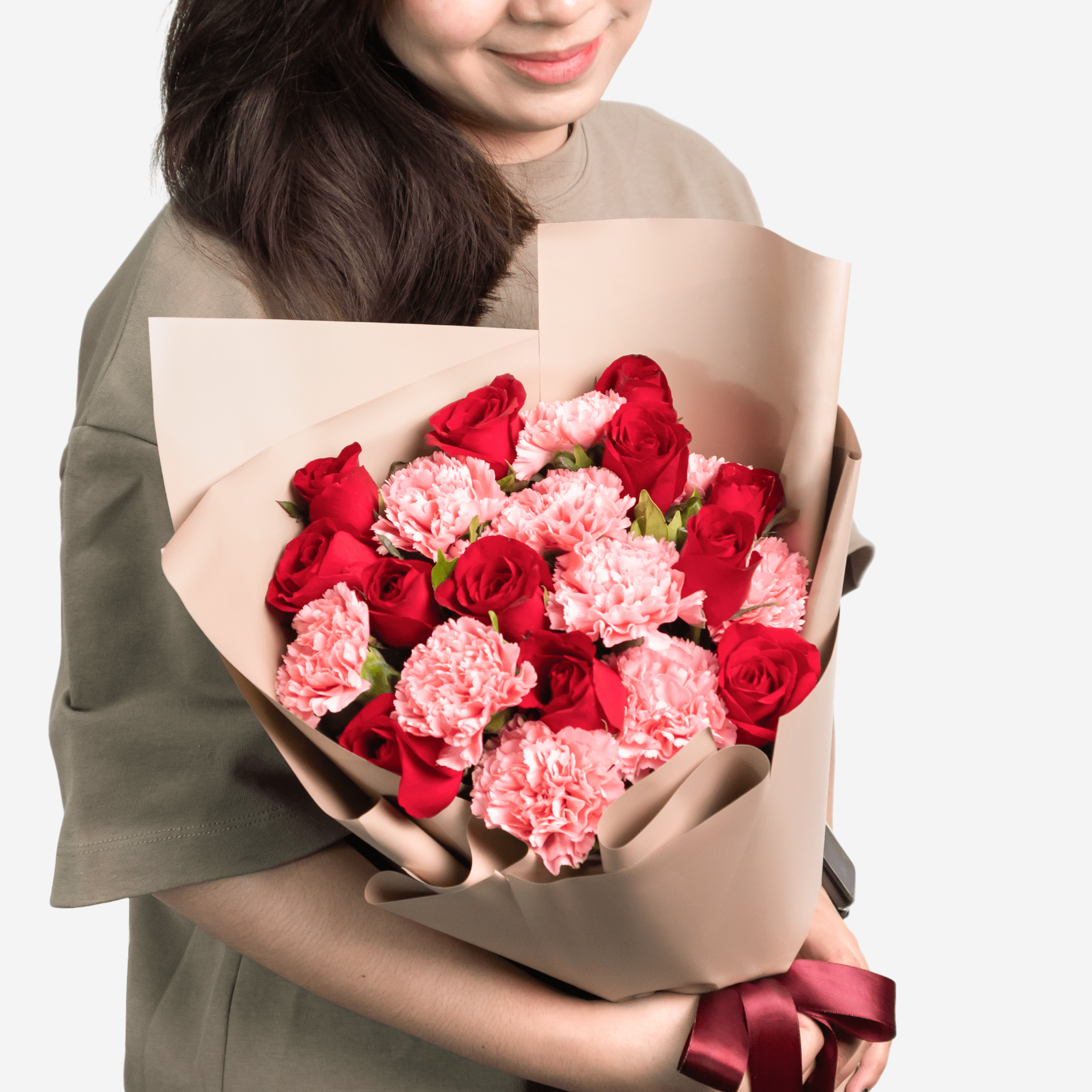 This bouquet consists of 12 red roses and 10 pink carnations.