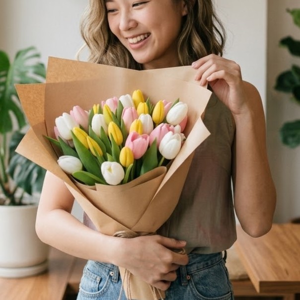 A smiling woman in a sleeveless white dress holds a delicate bouquet of white roses, hot pink roses, and soft pink carnations. The arrangement is elegantly wrapped in layered, pale pink paper with a flared edge and finished with a rich burgundy satin bow. The candid lifestyle shot is captured outdoors on a balcony, with a soft-focus city skyline in the background.