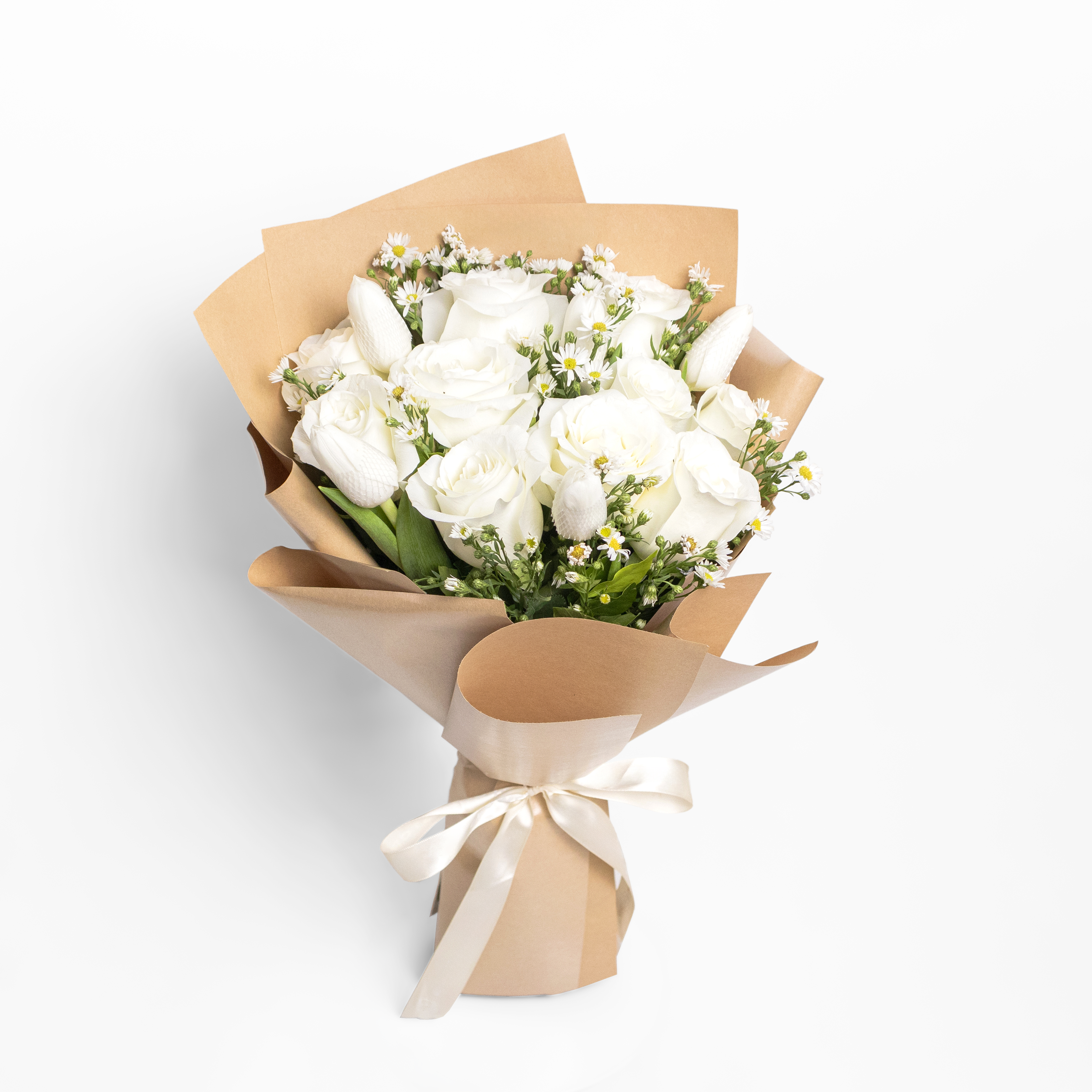 Delicate Dream consists of 10 white roses, 5 white tulips, and asters.
