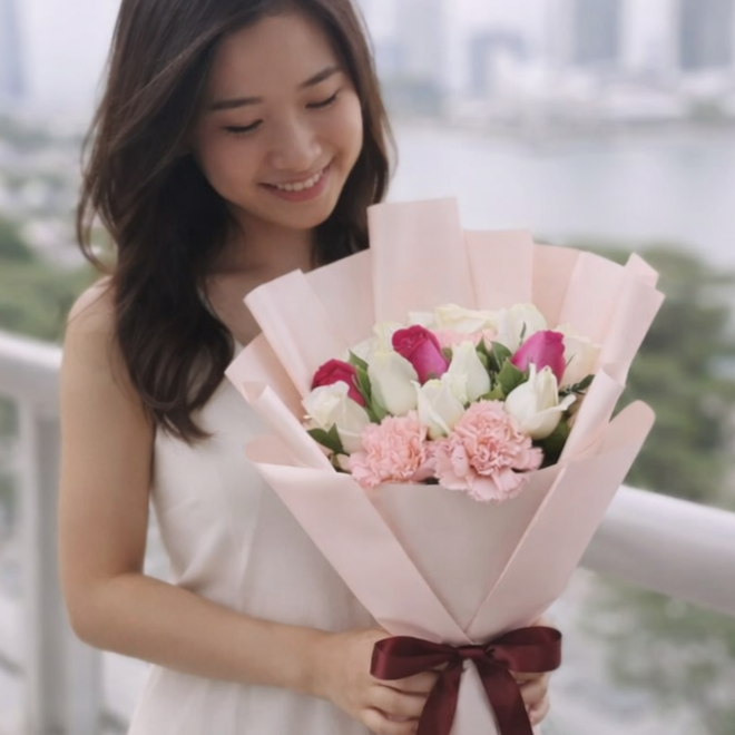 A smiling woman in a sleeveless white dress holds a delicate bouquet of white roses, hot pink roses, and soft pink carnations. The arrangement is elegantly wrapped in layered, pale pink paper with a flared edge and finished with a rich burgundy satin bow. The candid lifestyle shot is captured outdoors on a balcony, with a soft-focus city skyline in the background.