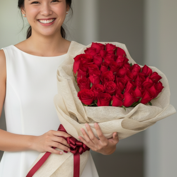 A smiling woman in a sleeveless white dress holds a romantic bouquet of deep red roses, which are meticulously arranged in the shape of a heart. The flowers are encased in layers of delicate, textured cream-colored mesh paper and secured with a rich burgundy satin ribbon tied in a multi-looped bow. The soft, natural lighting and clean background emphasize the vibrant color of the roses and the celebratory feel of the gift.