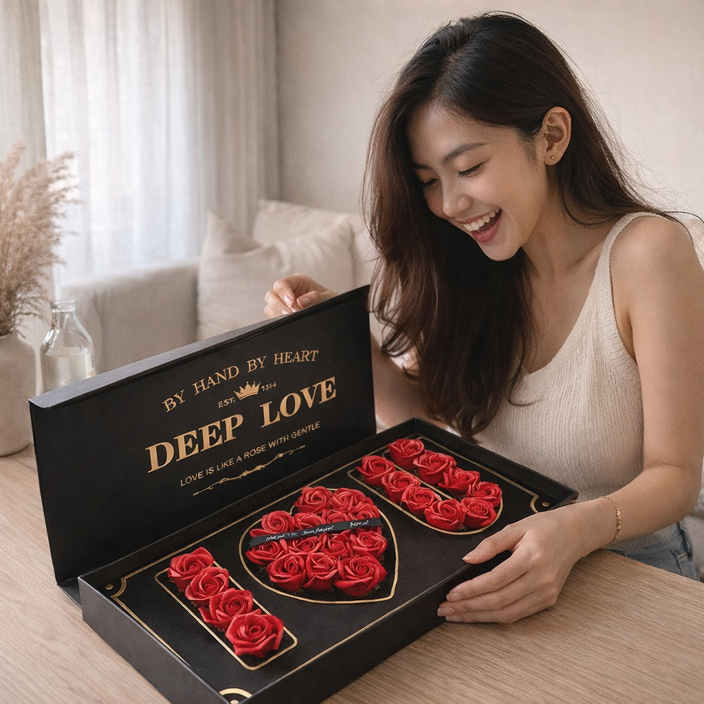 A smiling woman in a white ribbed tank top opens a sleek, rectangular black gift box. Inside, vibrant red soap roses are meticulously arranged into three separate gold-bordered compartments that spell out