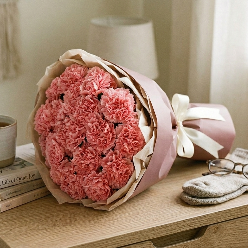 A large, round bouquet of densely packed dusty-pink carnations rests on a wooden surface. The arrangement is wrapped in layered, muted-pink and tan craft paper, tied with a cream-colored satin bow. The setting is warm and cozy, with a stack of books, a ceramic mug, a pair of glasses, and folded socks nearby, all captured in soft, natural lighting for a candid, lifestyle feel.