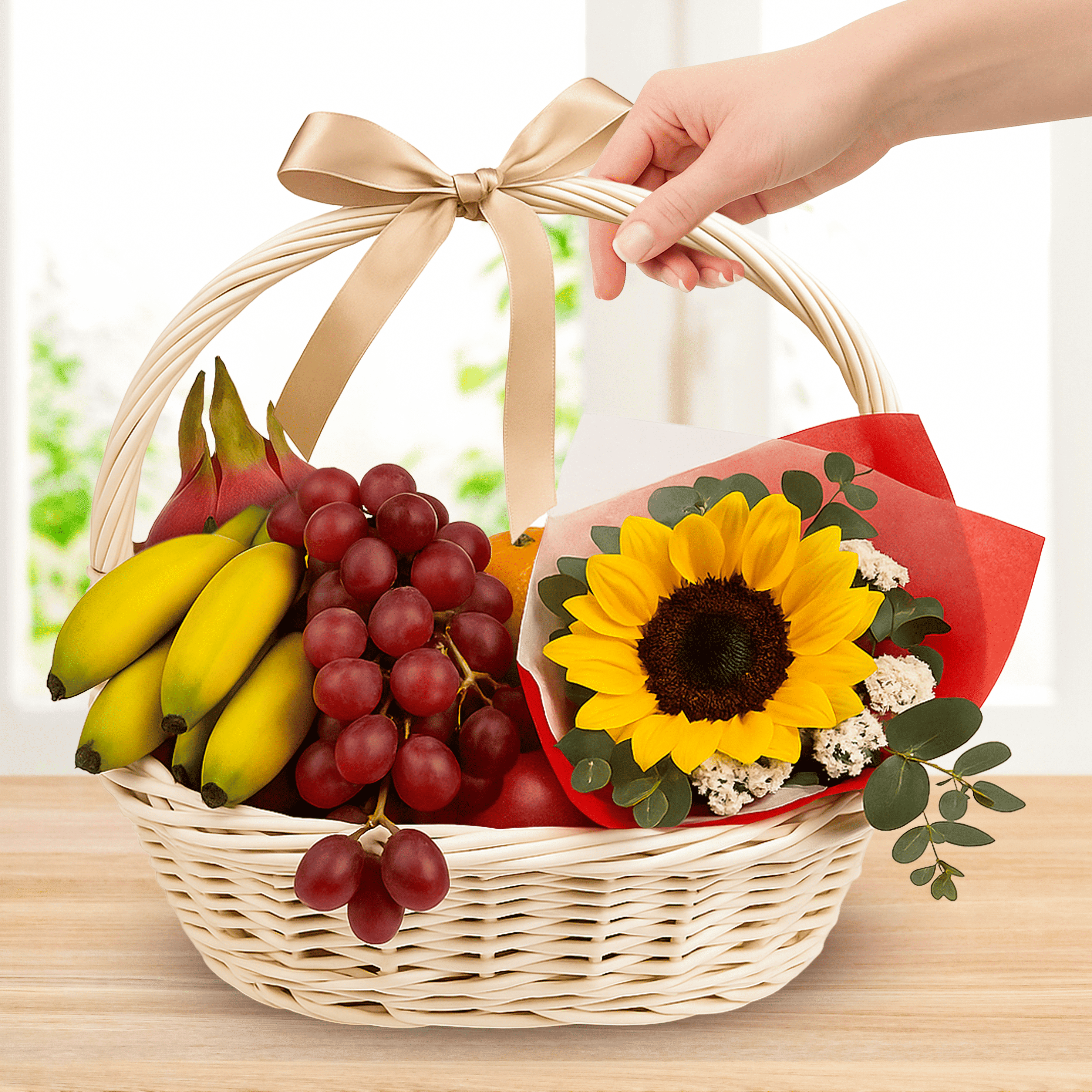 basket includes a selection of fresh fruits: dragonfruit, oranges, a bunch of bananas, grapes, and apples. It is artfully arranged with a bright sunflower.  