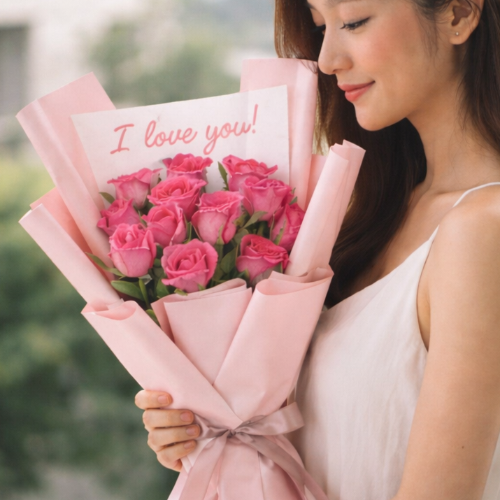 A young woman in a white camisole smiles as she holds a romantic bouquet of deep pink roses. The arrangement is wrapped in layered pastel-pink paper, secured with a matching satin ribbon, and features a white card prominently displaying the phrase