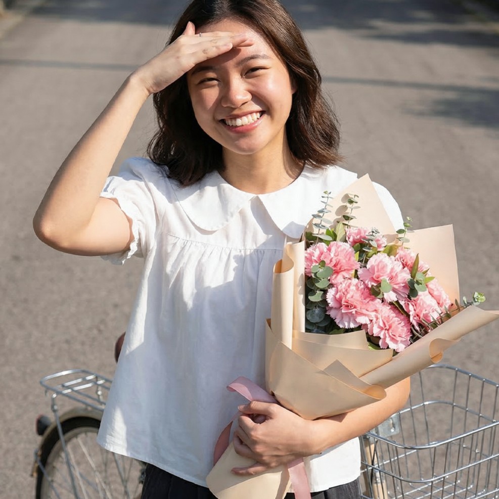 A smiling woman in a white ruffled blouse holds a bouquet of ruffled pink carnations and silver-green eucalyptus sprigs. The flowers are wrapped in neutral tan paper and tied with a pink ribbon. The candid shot is taken outdoors on a sunny day, with a bicycle visible in the background.