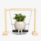 Happy Sprout Pal planter with a fittonia plant on a swing, smiling face, and wooden stand.