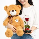 A person holds a brown teddy bear and a glass dome with a red rose and fairy lights.