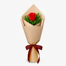 Single red rose in a brown paper bouquet with a red ribbon, against a white background.
