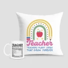 Pillow and mug with "Teacher" theme, featuring a rainbow, apple, and nutritional facts about teachers.