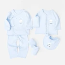 Baby boy clothes set with blue onesie, pants, bib, and mittens with bunny print.