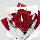 Glittered deep red roses and bunny tails arranged in a bouquet.