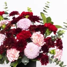 A vibrant bouquet of red and pink carnations, pompom, and ping pong mums in a black vase.