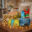 Ramadan Royale Gift Box with chocolates, nuts, dates, coconut water, and tea.