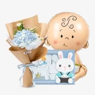Baby boy gift set with blue hydrangea bouquet, baby clothes, and a baby-shaped balloon.
