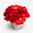A vibrant bouquet of red roses, carnations, and gerbera daisies in a clear glass vase.