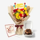 Birthday bouquet with red and yellow flowers, a pop-up cake card, and a chocolate cupcake.