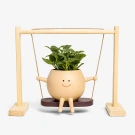 Happy Sprout Pal planter with a fittonia plant on a swing, smiling face, and wooden stand.