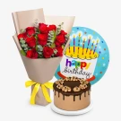 Birthday bundle with red roses, balloon, and chocolate cake.