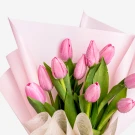 Pink tulips bouquet wrapped in pink and white paper with a white ribbon.
